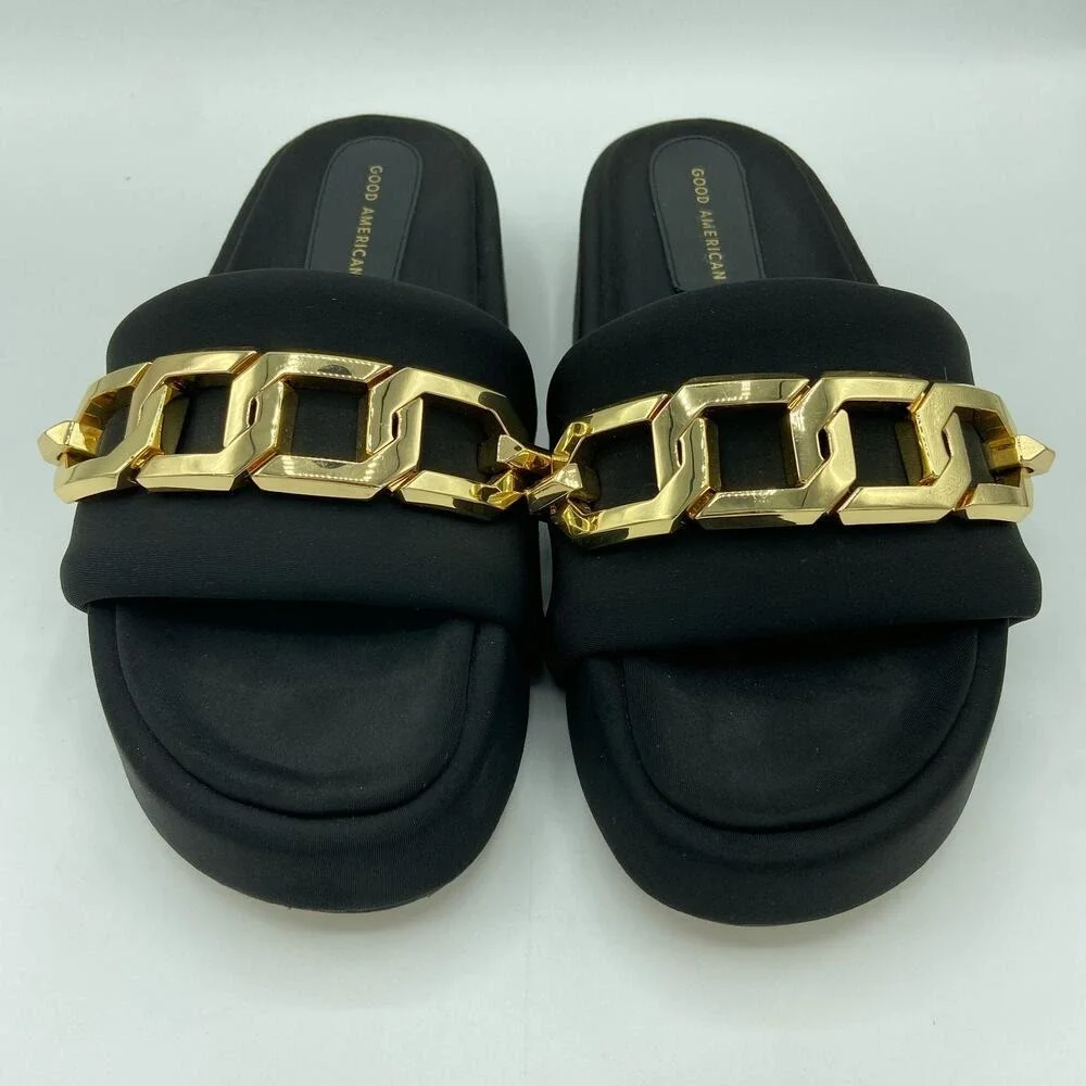 Good American Platform Slide Sandals Women Size 9.5 Black Gold Chain Link Padded